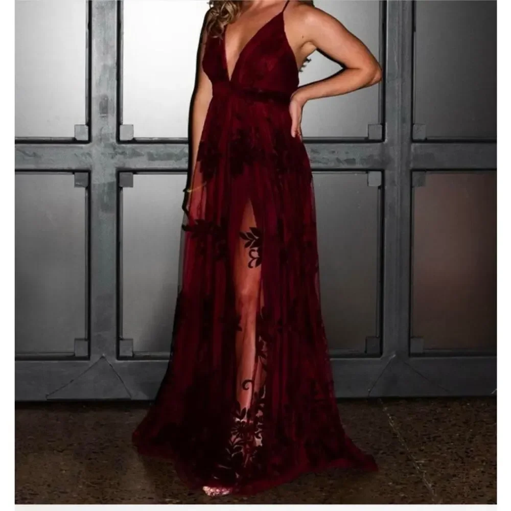 Windsor Burgundy Lace Maxi Dress S Deep V Prom Formal Wedding Guest Sexy - Picture 2 of 8